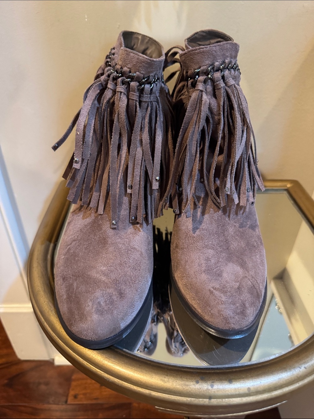 Not Rated Taupe Suede Fringe Ankle Booties